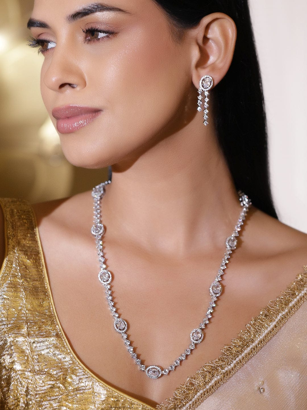 American Diamond Zirconia Sparkling Long Necklace Set フリーサイズ