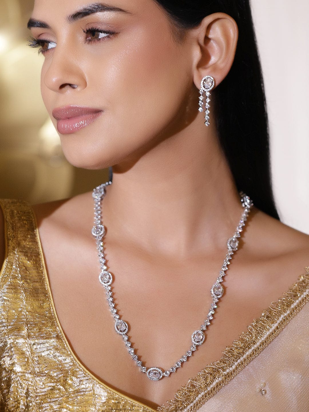 American Diamond Zirconia Sparkling Long Necklace Set フリーサイズ