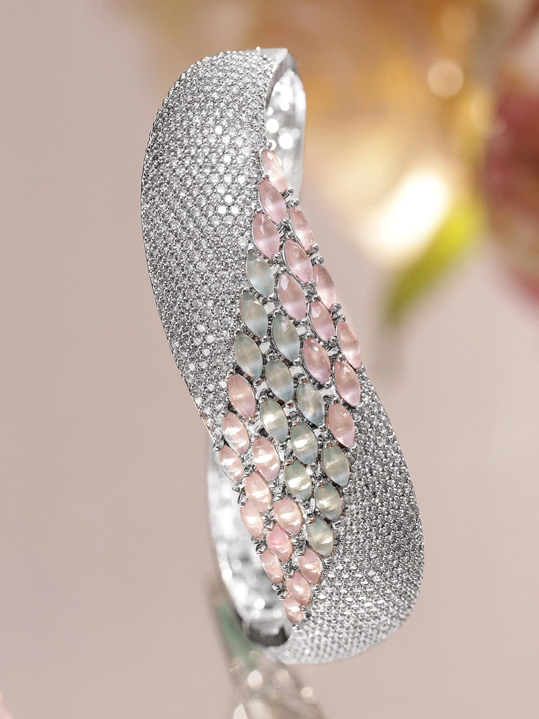 Pink & Green Studded American Diamond Silver Bracelet フリーサイズ