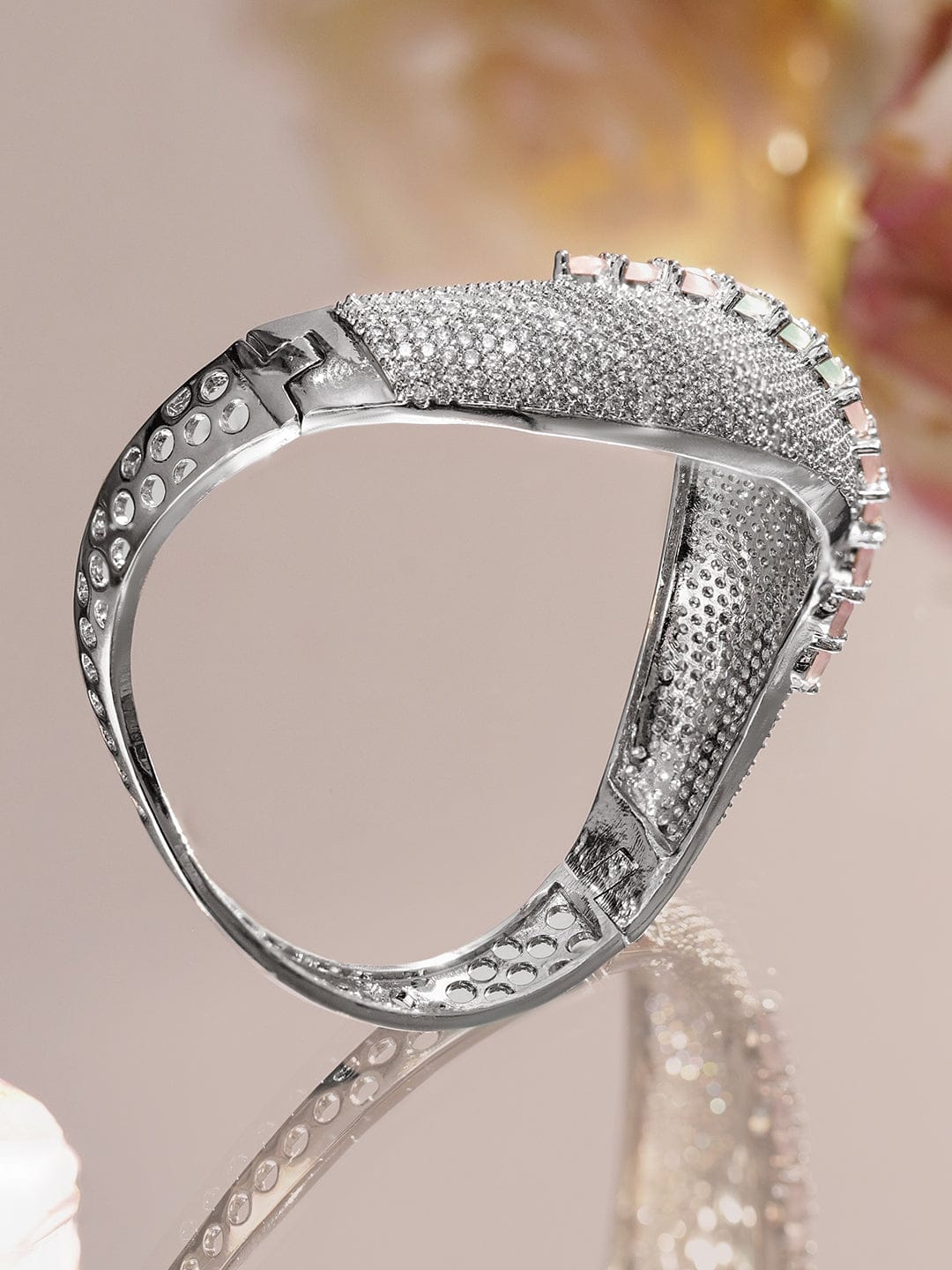 Pink & Green Studded American Diamond Silver Bracelet フリーサイズ