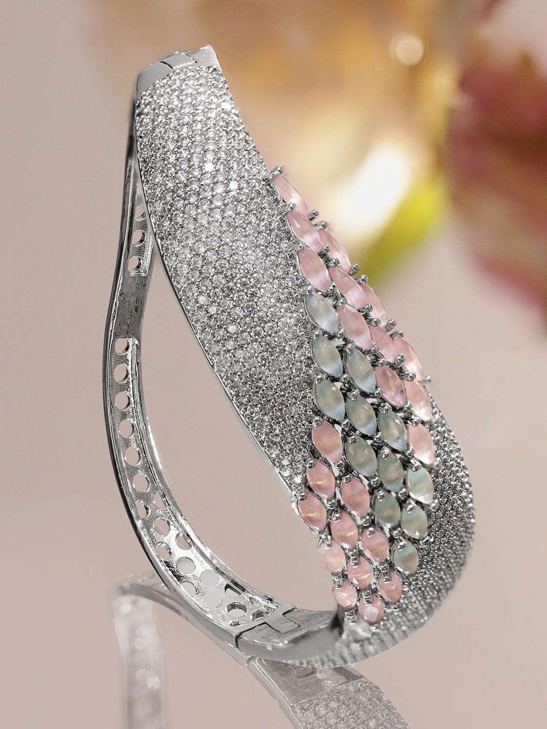 Pink & Green Studded American Diamond Silver Bracelet フリーサイズ