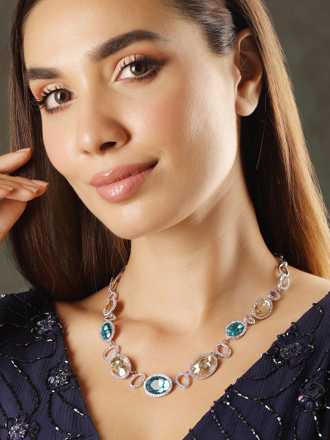 【Rubans】 Rhodium Plated Teal Blue & Light Brown American Diamond Zirconia Statement Necklace｜ロジウムメッキ ティールブルー＆ライトブラウン ジルコニア ステートメント ネックレス