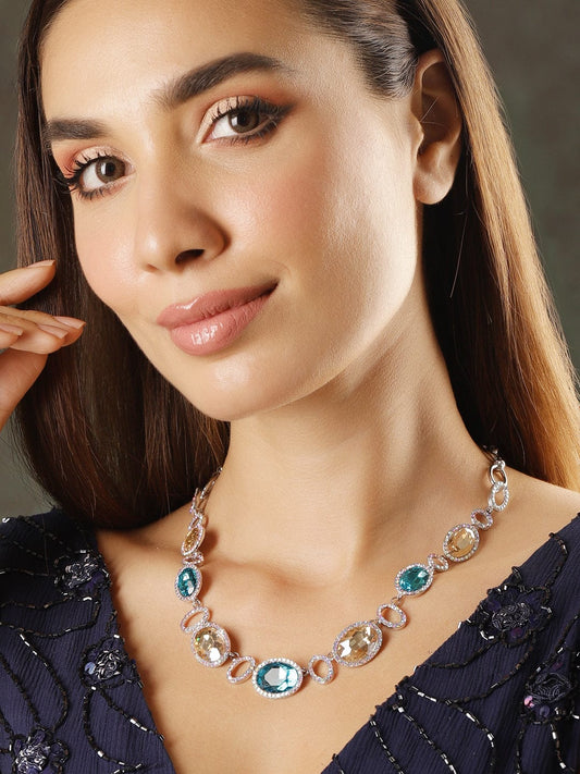 【Rubans】 Rhodium Plated Teal Blue & Light Brown American Diamond Zirconia Statement Necklace｜ロジウムメッキ ティールブルー＆ライトブラウン ジルコニア ステートメント ネックレス