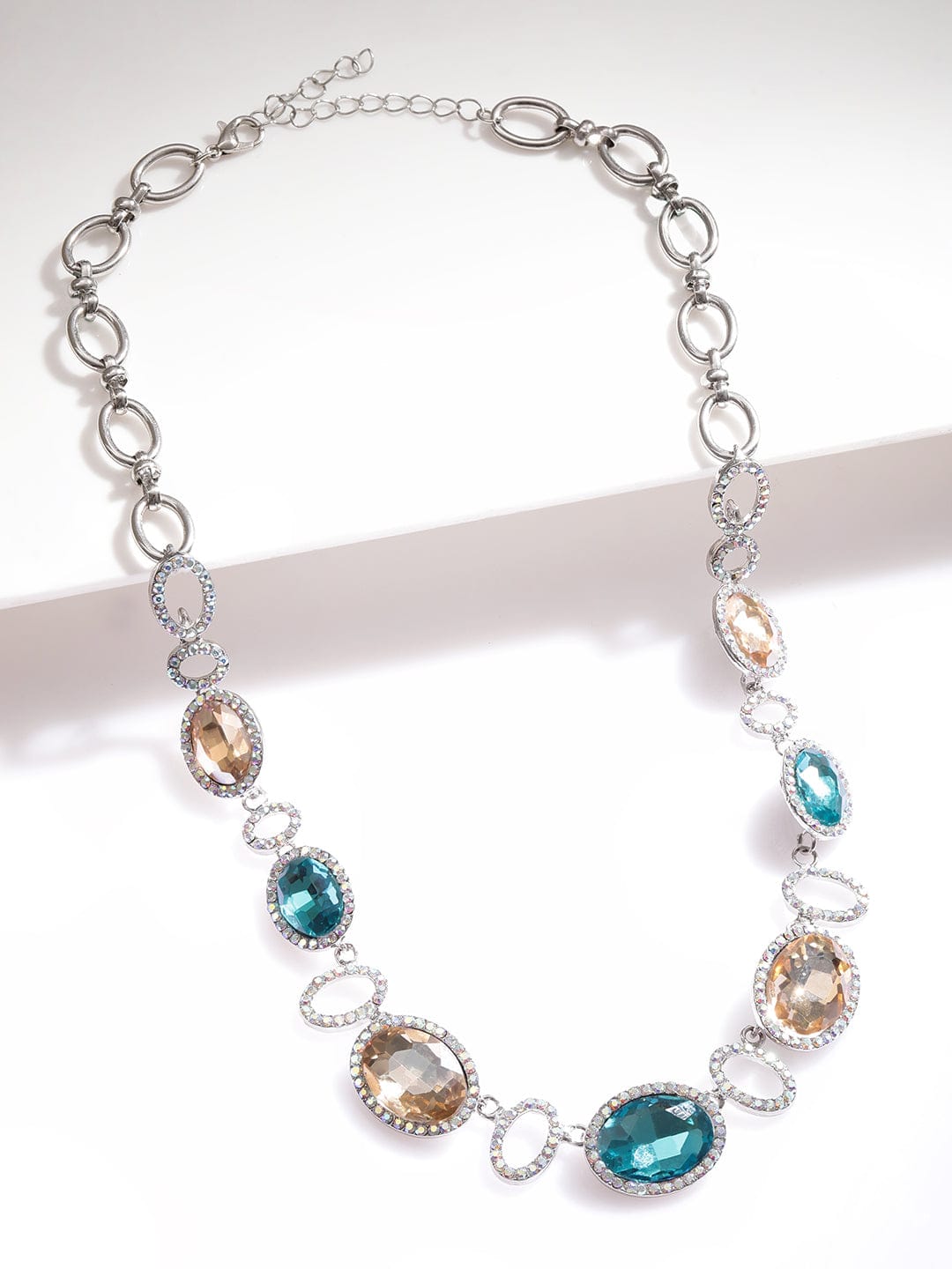 【Rubans】 Rhodium Plated Teal Blue & Light Brown American Diamond Zirconia Statement Necklace｜ロジウムメッキ ティールブルー＆ライトブラウン ジルコニア ステートメント ネックレス