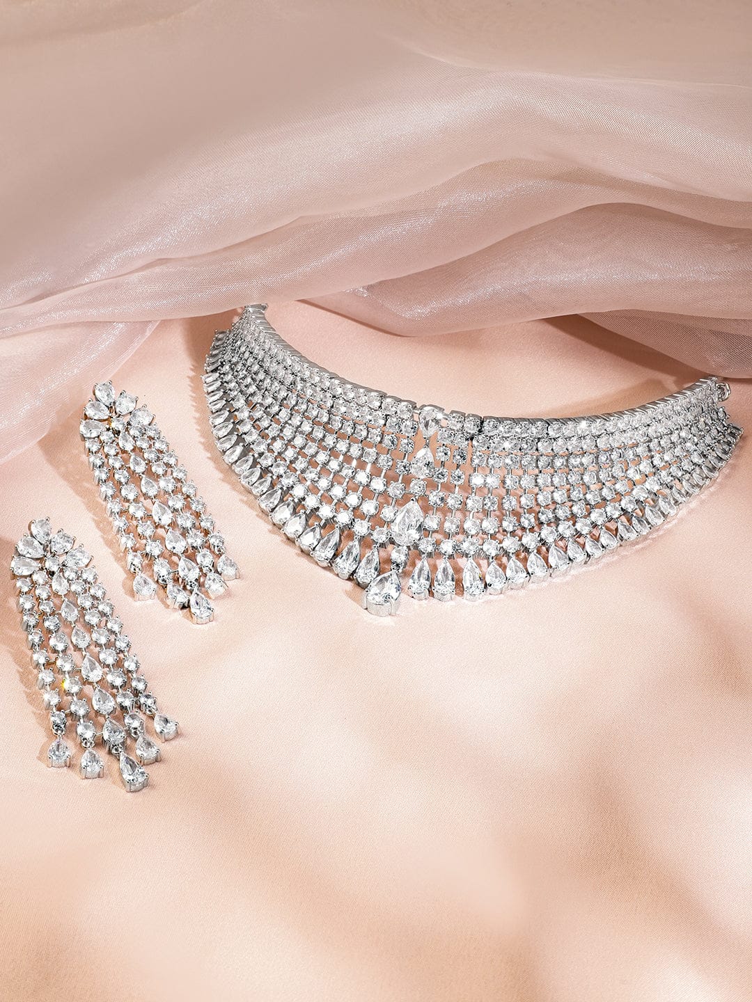 Accented American Diamond Zirconia Necklace Set White