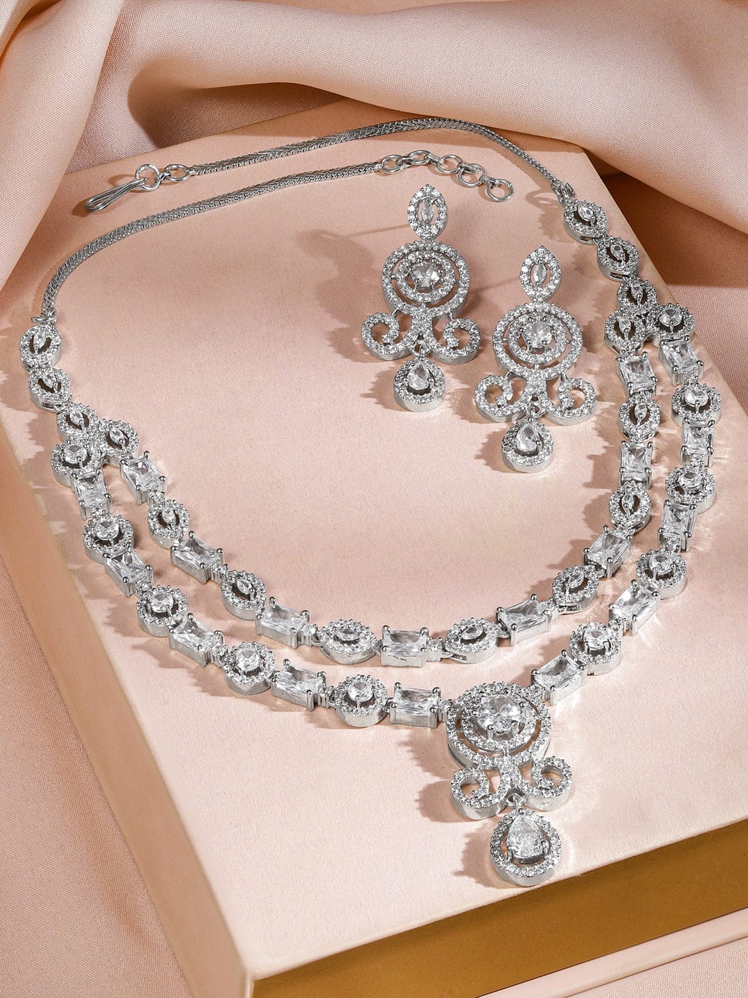 American Diamond Zirconia Double-Layered Necklace Set White