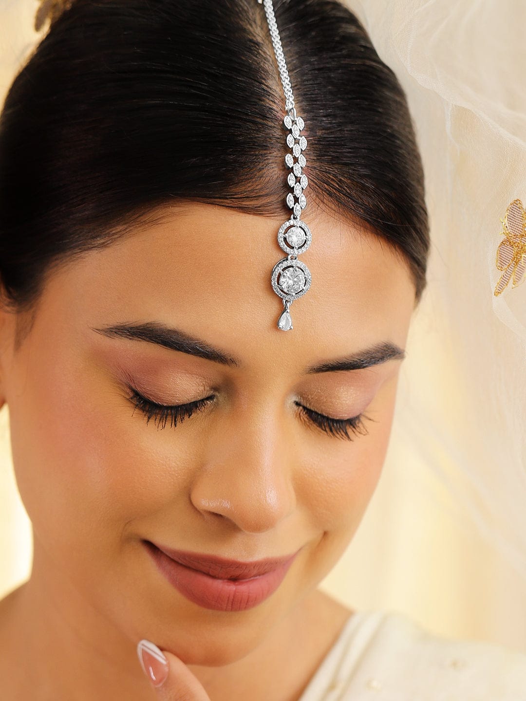 Rubans Rhodium Plated White Cubic Zirconia Maang Tikka Silver