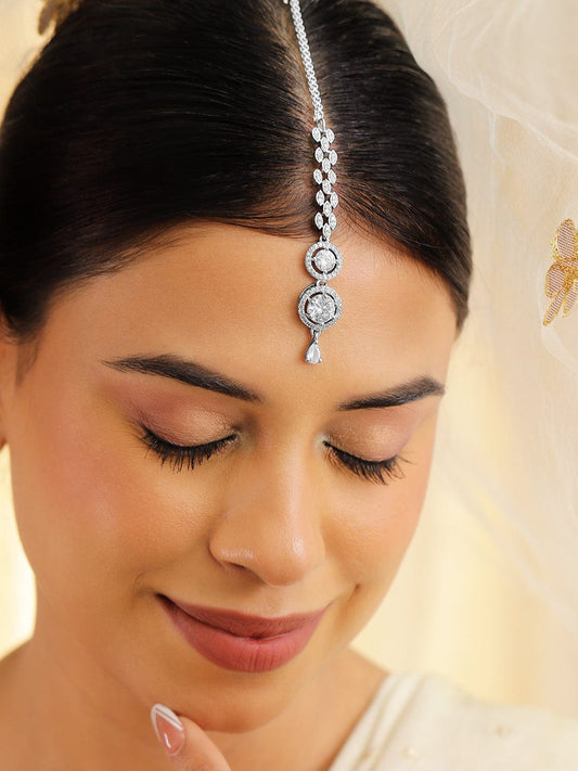 Rubans Rhodium Plated White Cubic Zirconia Maang Tikka Silver