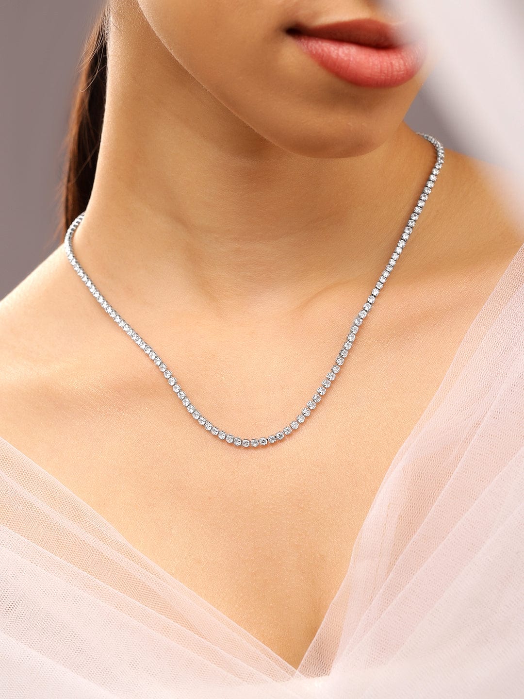Gleaming American Diamond Zirconia Studded Chain Necklace Silver