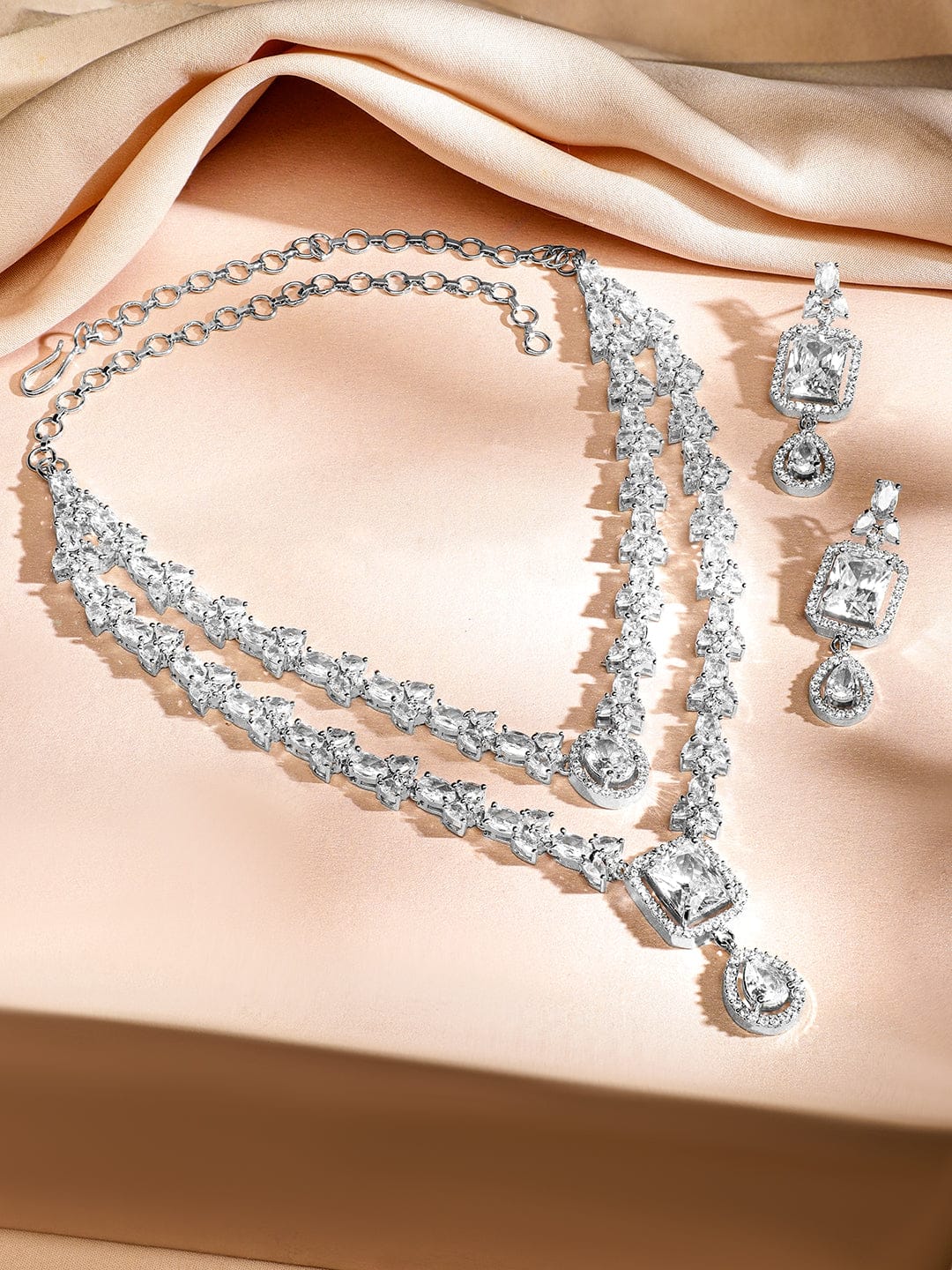 American Diamond Zirconia Layered Necklace Set White