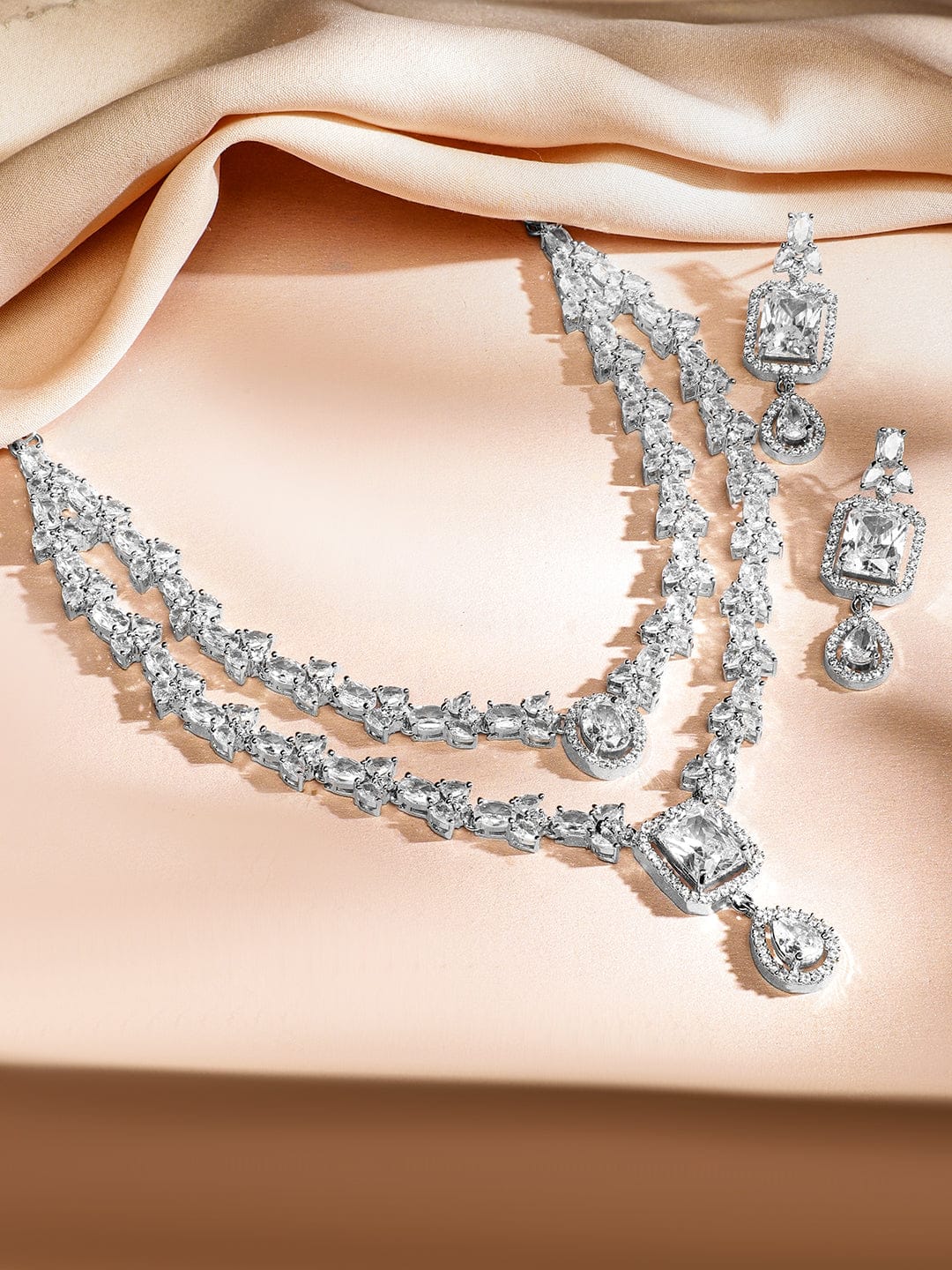 American Diamond Zirconia Layered Necklace Set White