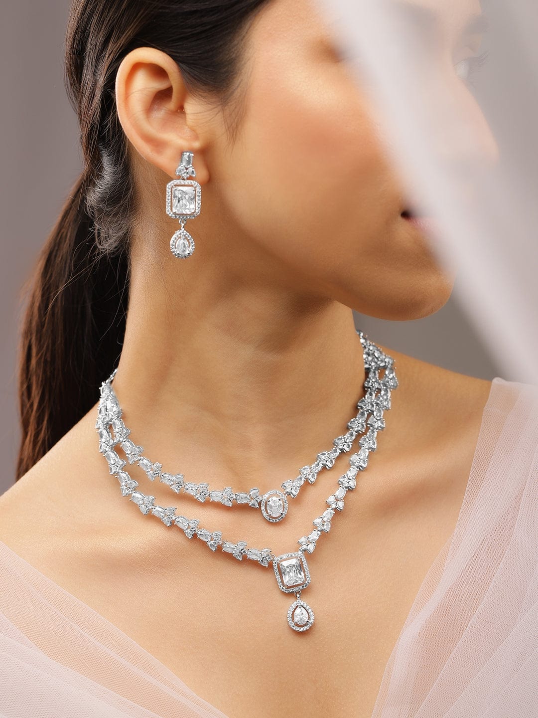 American Diamond Zirconia Layered Necklace Set White