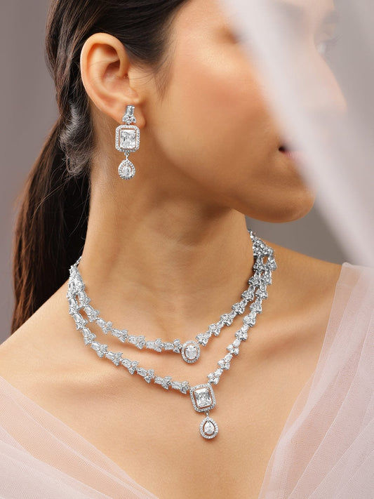 American Diamond Zirconia Layered Necklace Set White