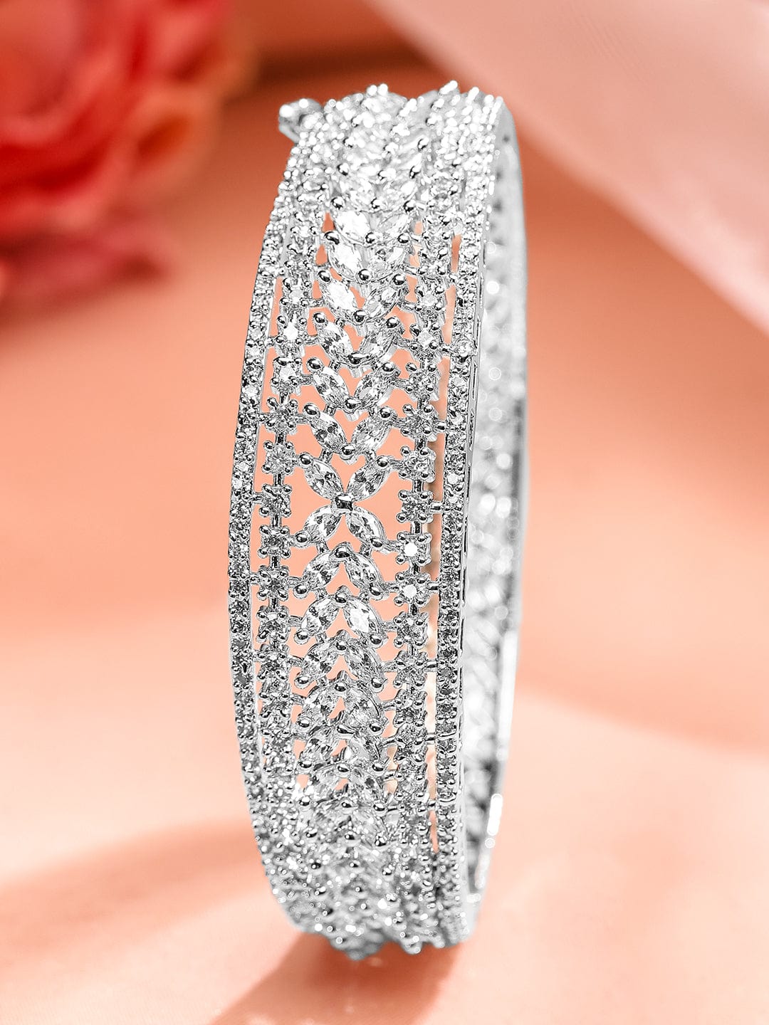 Rubans Rhodium-Plated White Cubic Zirconia Studded Openable Bracelet with Classic Design Silver