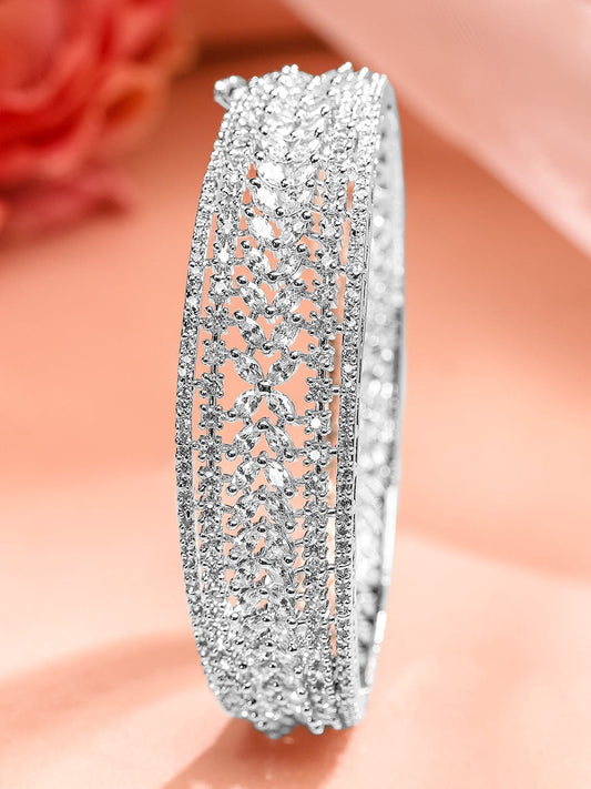 Rubans Rhodium-Plated White Cubic Zirconia Studded Openable Bracelet with Classic Design Silver