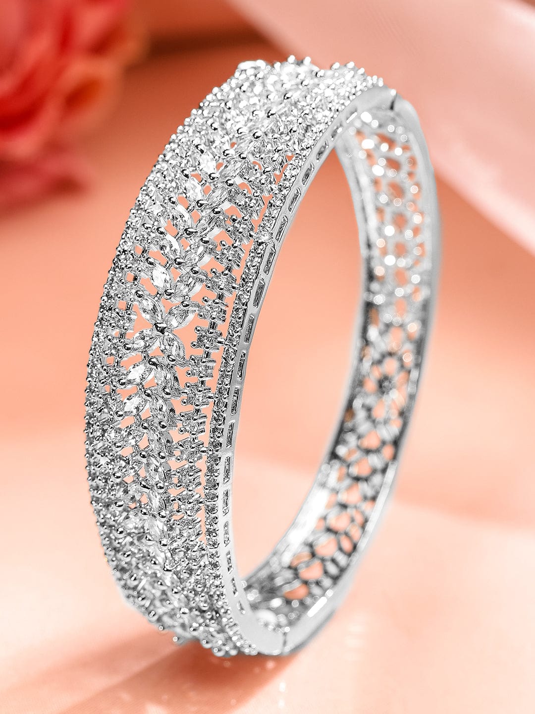 Rubans Rhodium-Plated White Cubic Zirconia Studded Openable Bracelet with Classic Design Silver
