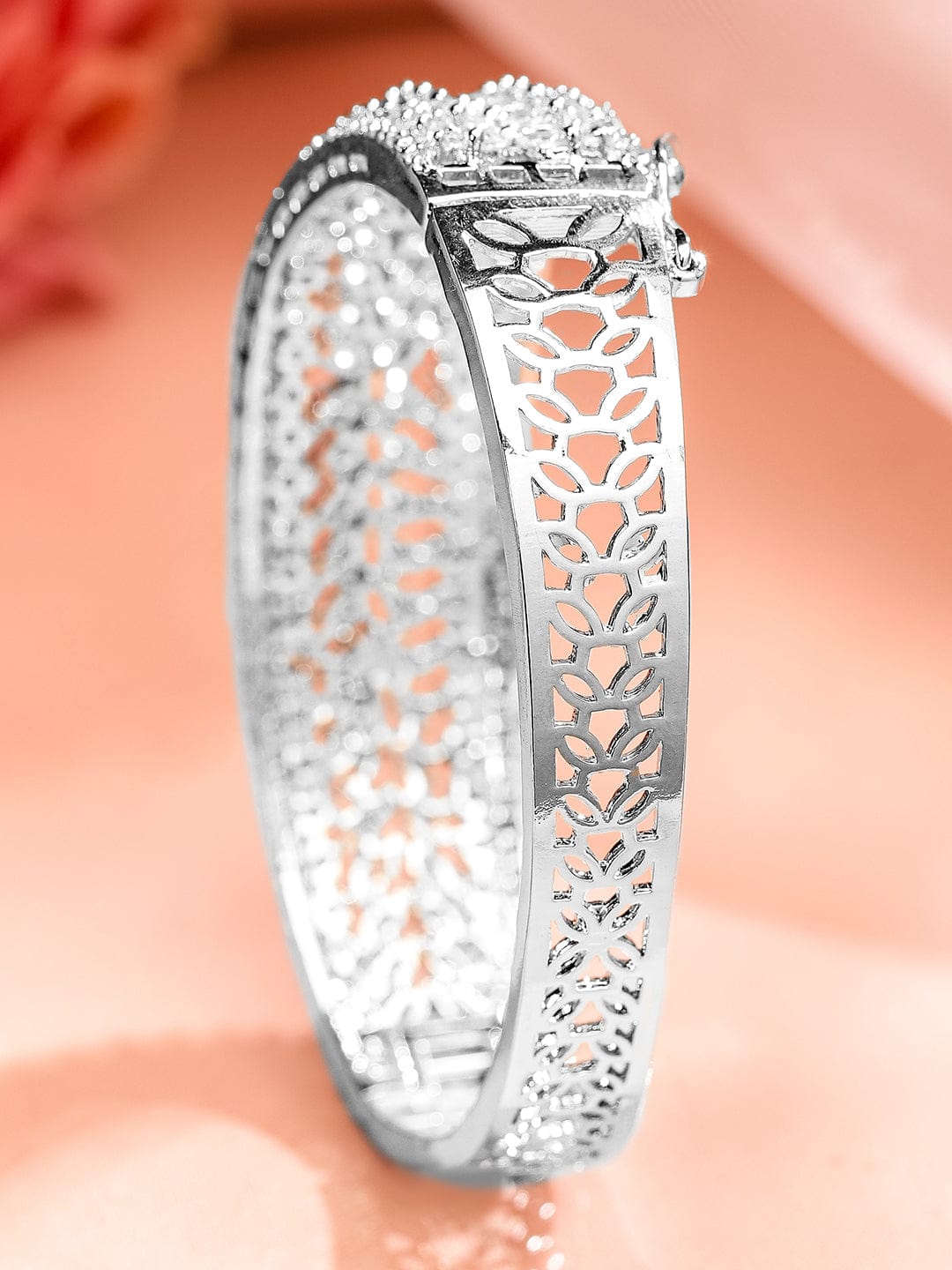 Rubans Rhodium-Plated White Cubic Zirconia Studded Openable Bracelet with Classic Design Silver