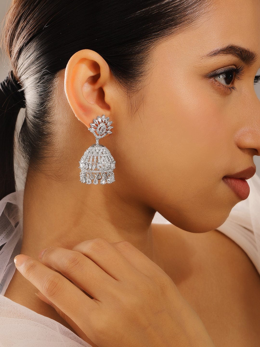 Gleaming Grace American Diamond Zirconia Jhumka Silver
