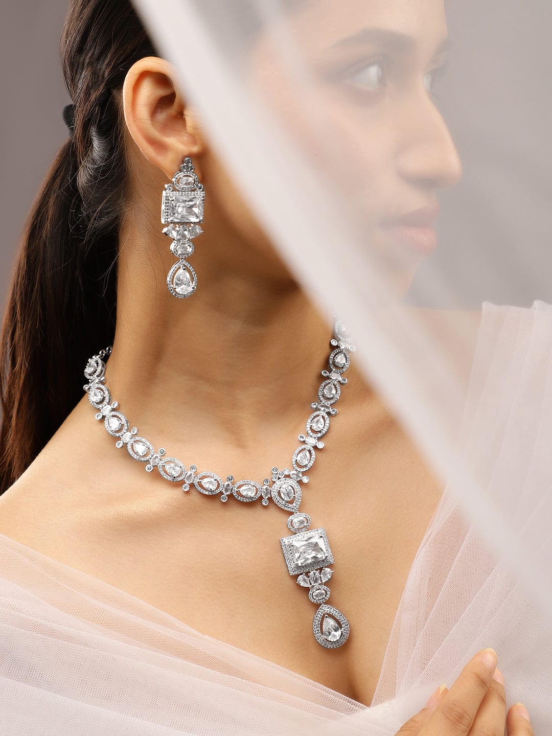 American Diamond Zirconia Geometric Teardrop Necklace Set White