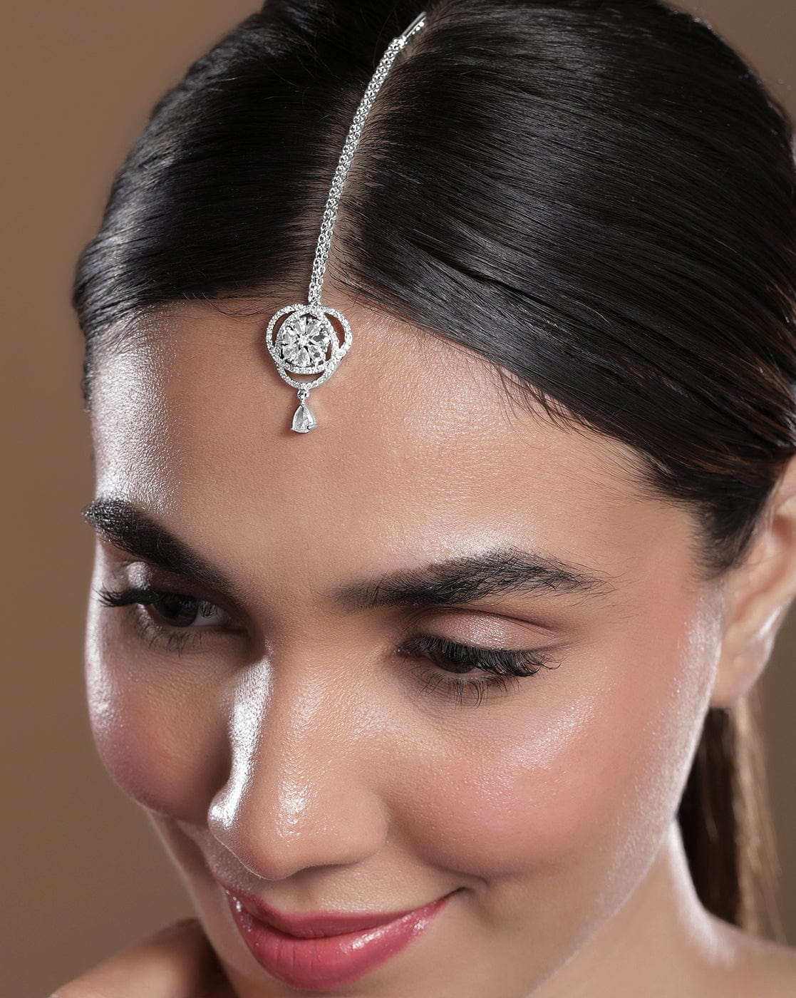Rubans Rhodium-Plated White Cubic Zirconia Studded Statement Maang Tikka Silver