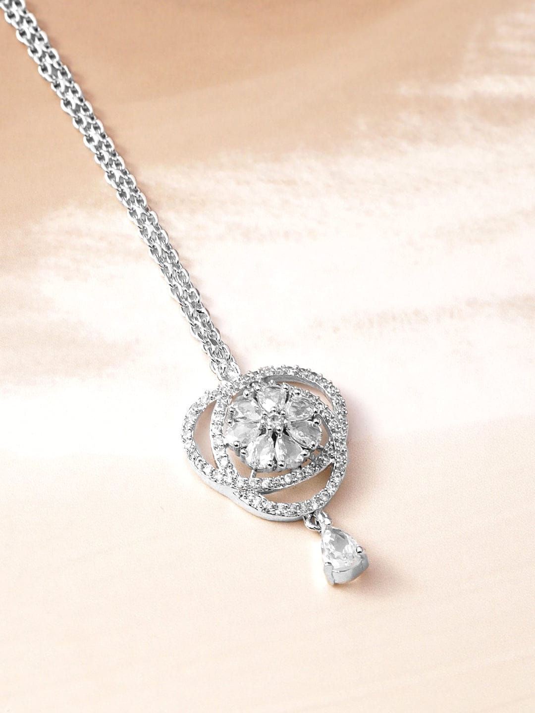 Rubans Rhodium-Plated White Cubic Zirconia Studded Statement Maang Tikka Silver