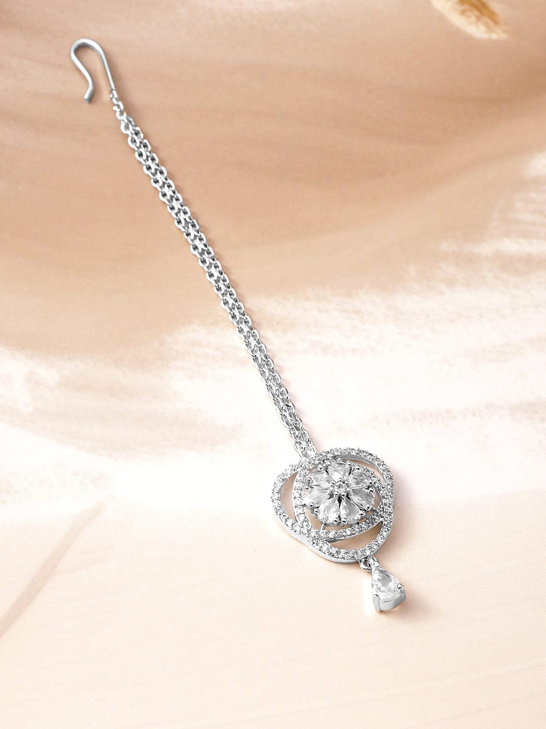 Rubans Rhodium-Plated White Cubic Zirconia Studded Statement Maang Tikka Silver
