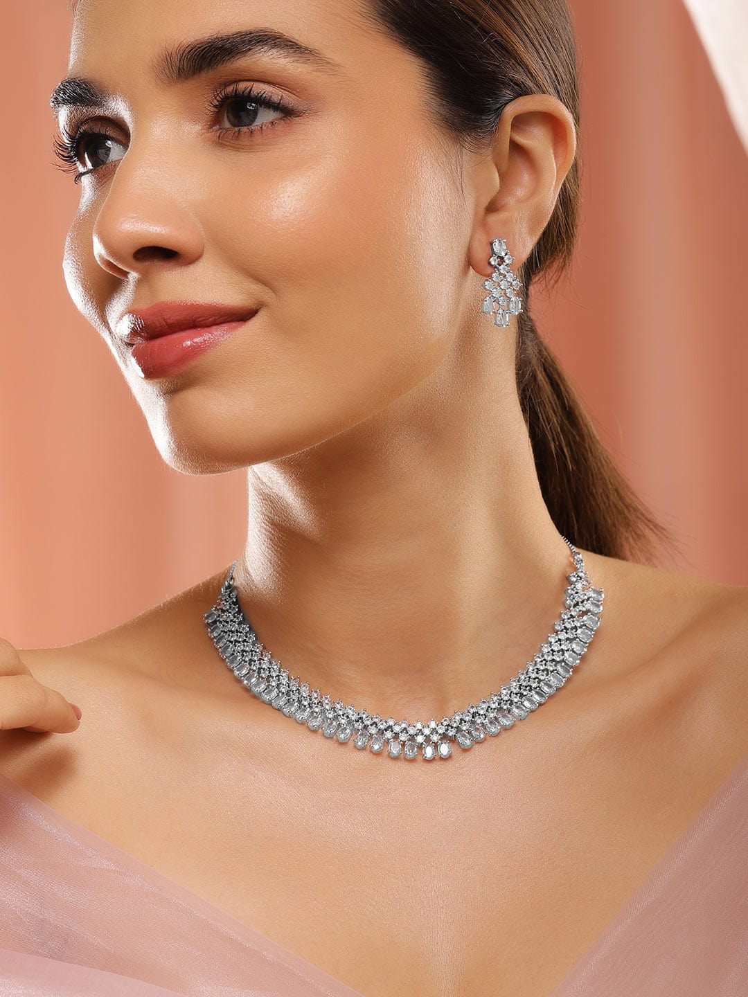 Rubans Rhodium-Plated White Cubic Zirconia Studded Statement Necklace Set フリーサイズ
