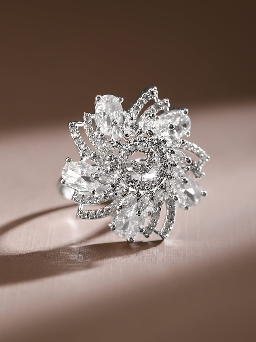 American Diamond Zirconia Floral Ring Silver