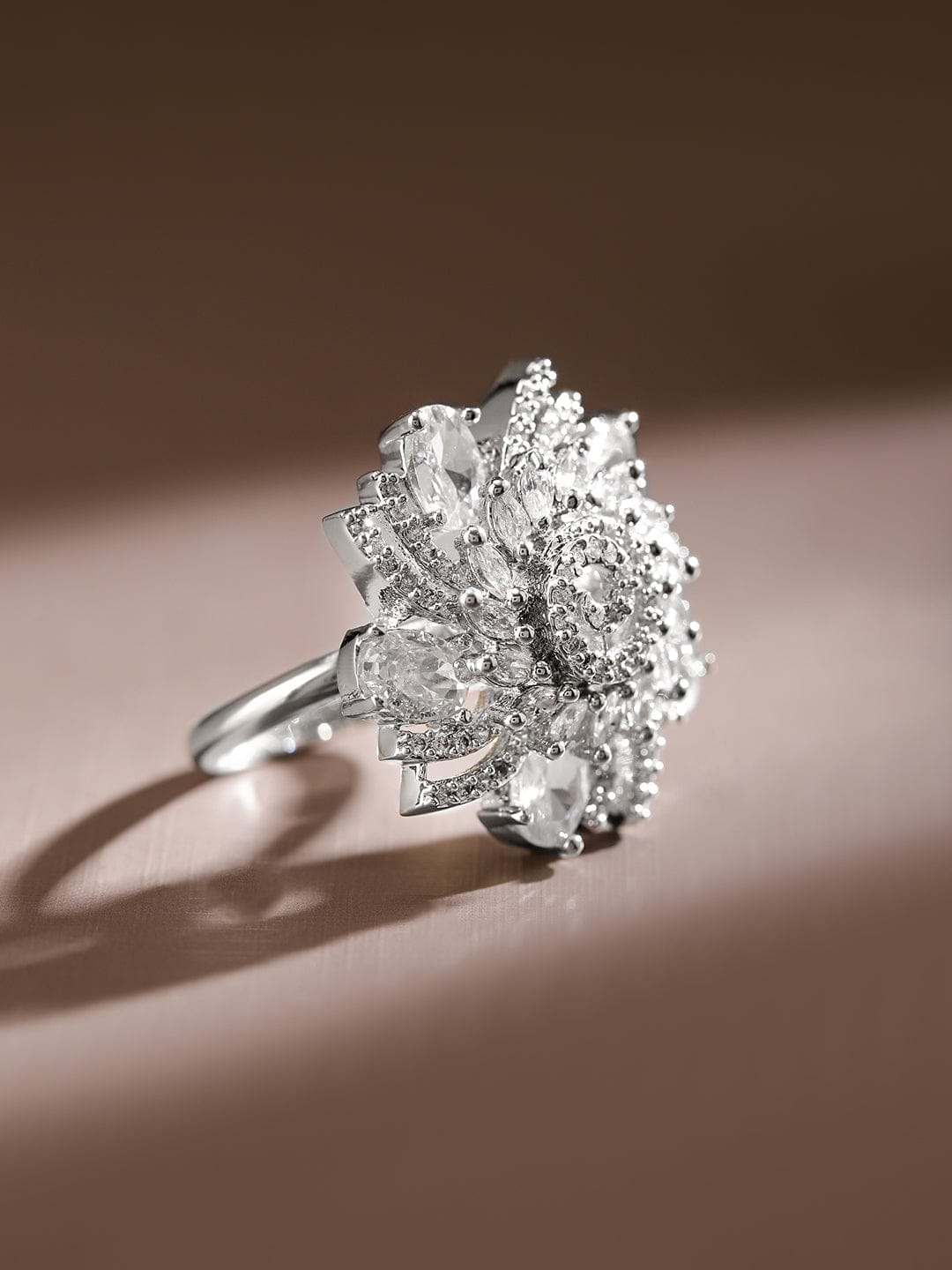 American Diamond Zirconia Floral Ring Silver