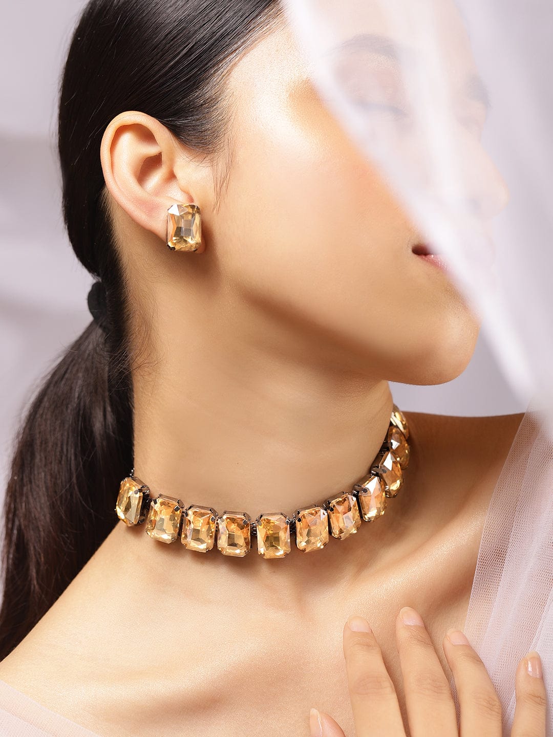 Golden Champagne Crystal Studded Necklace Set Yellow