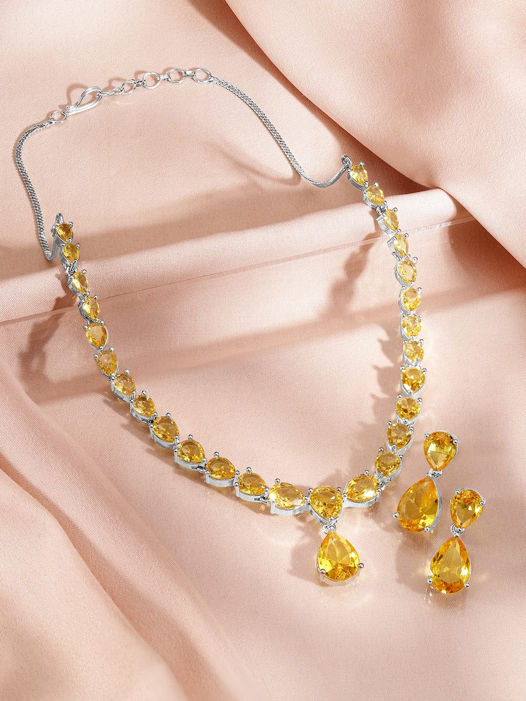 Yellow Studded American Diamond Zirconia Necklace Set Silver