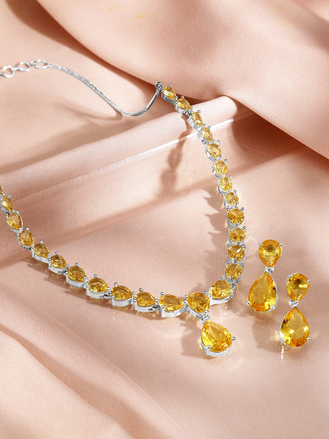 Yellow Studded American Diamond Zirconia Necklace Set Silver