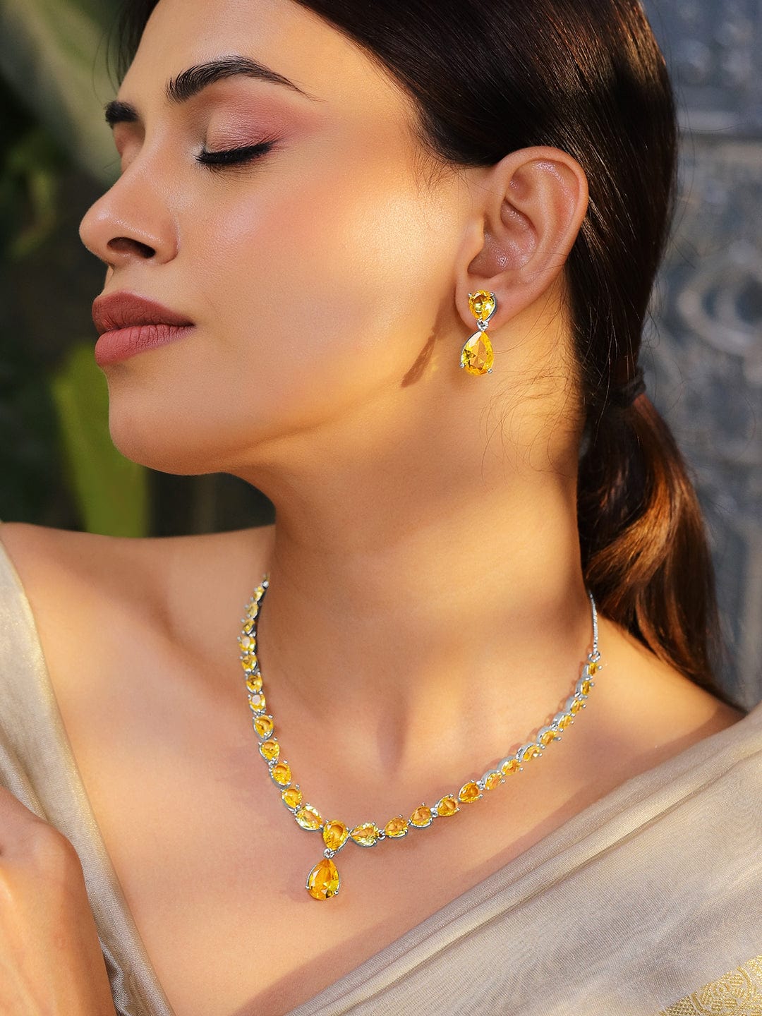 Yellow Studded American Diamond Zirconia Necklace Set Silver