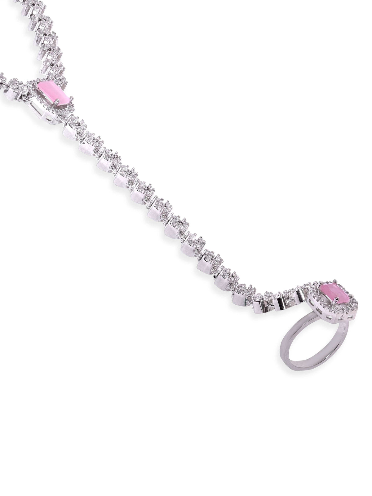 Rubans Rhodium Plated Zirconia Studded Fashionable Hath Phool Silver::Pink