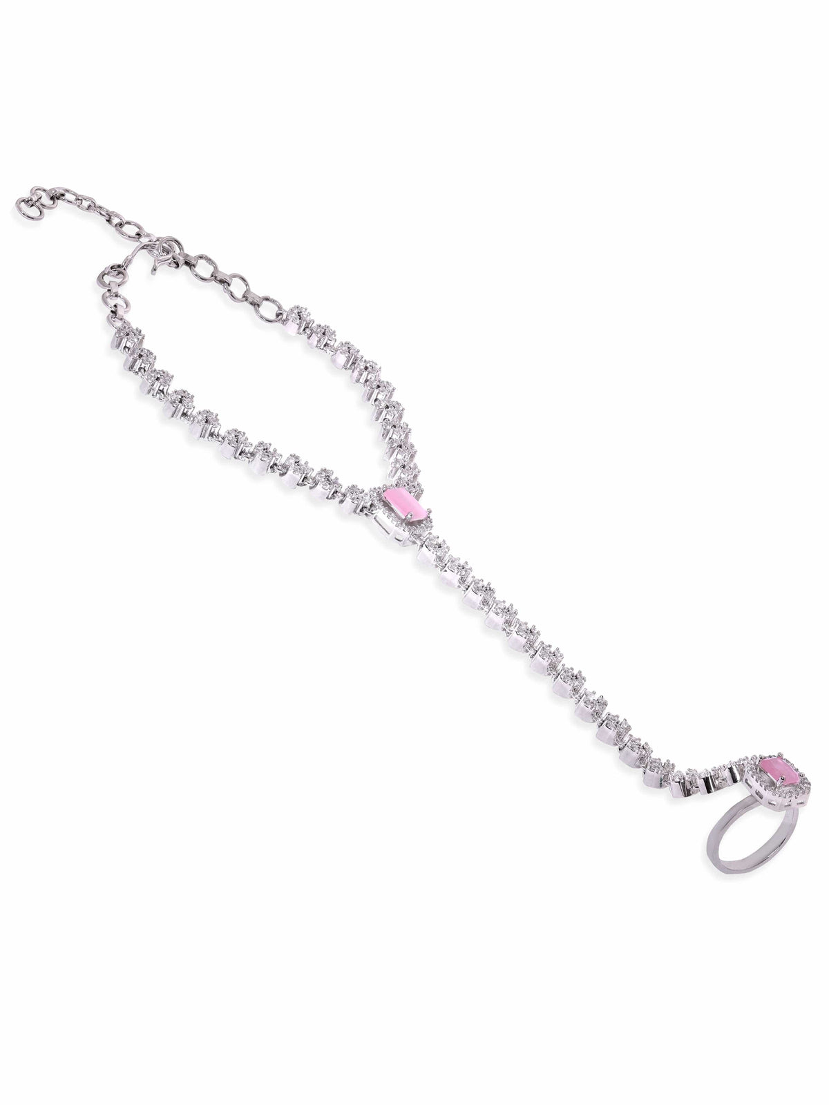 Rubans Rhodium Plated Zirconia Studded Fashionable Hath Phool Silver::Pink