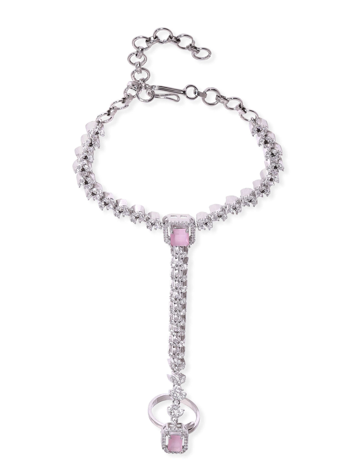 Rubans Rhodium Plated Zirconia Studded Fashionable Hath Phool Silver::Pink