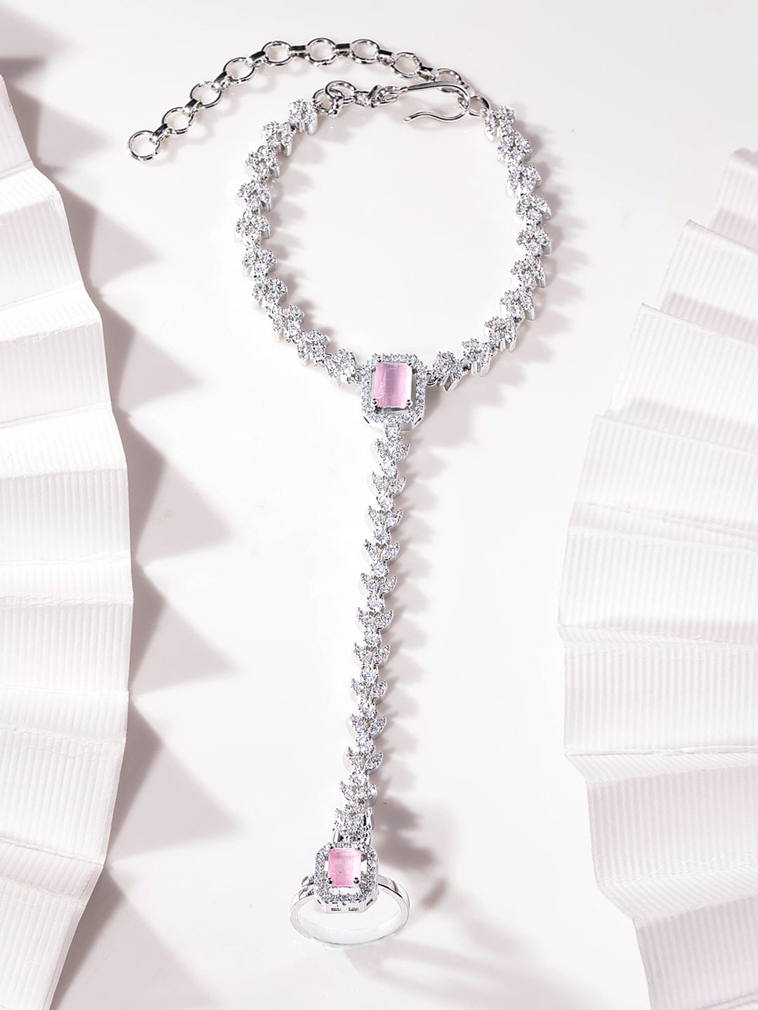 Rubans Rhodium Plated Zirconia Studded Fashionable Hath Phool Silver::Pink