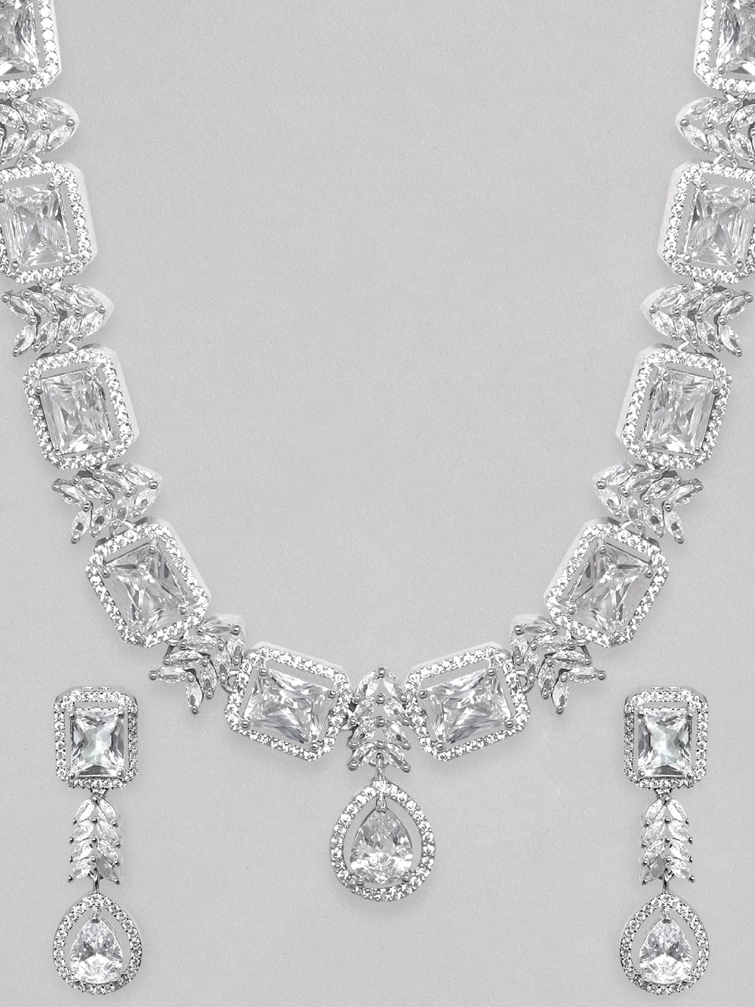 【Rubans】 Rhodium Plated Zirconia Studded Party Wear Necklace Set｜ロジウムメッキ ジルコニア パーティー ネックレスセット