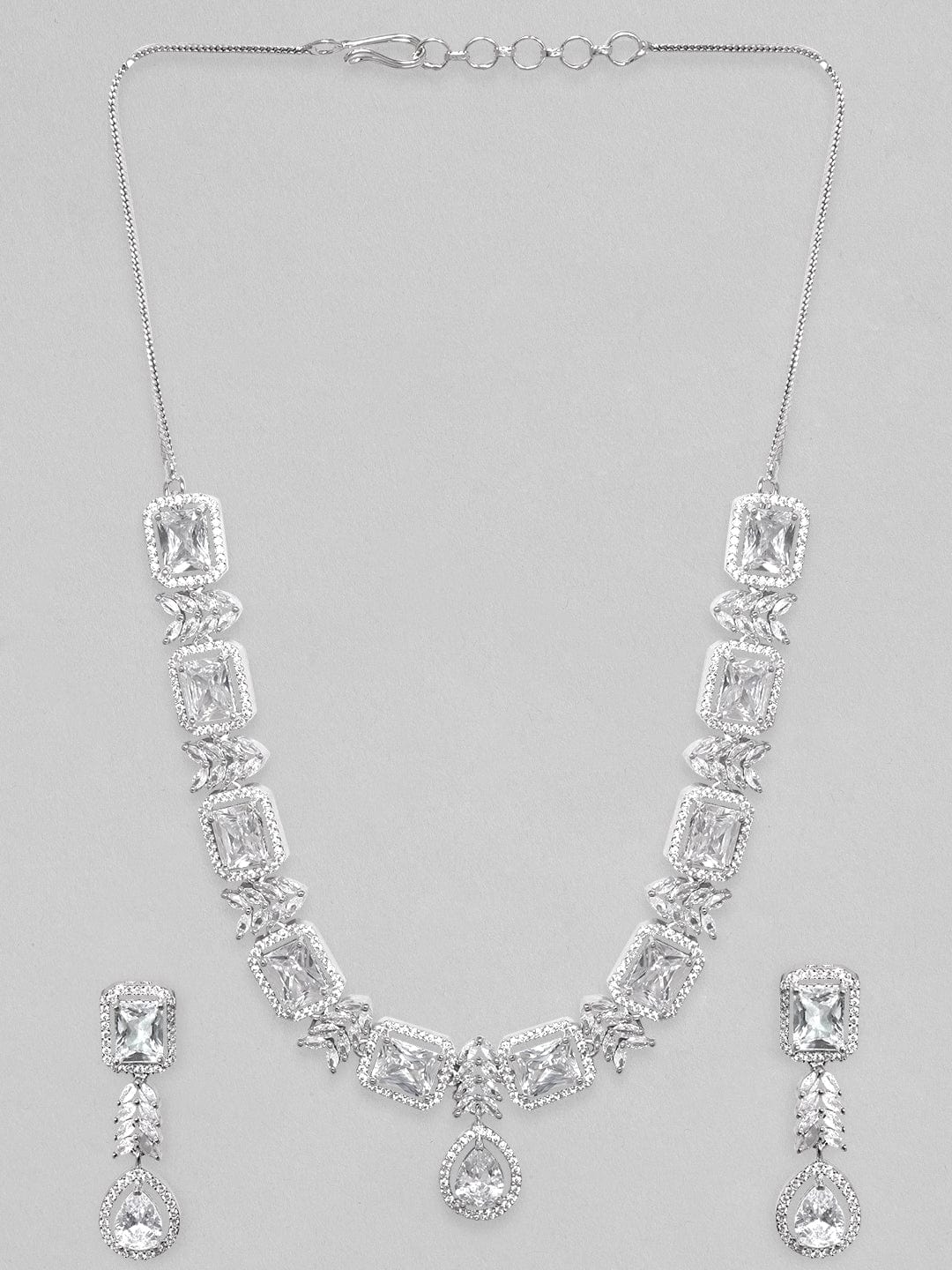 【Rubans】 Rhodium Plated Zirconia Studded Party Wear Necklace Set｜ロジウムメッキ ジルコニア パーティー ネックレスセット