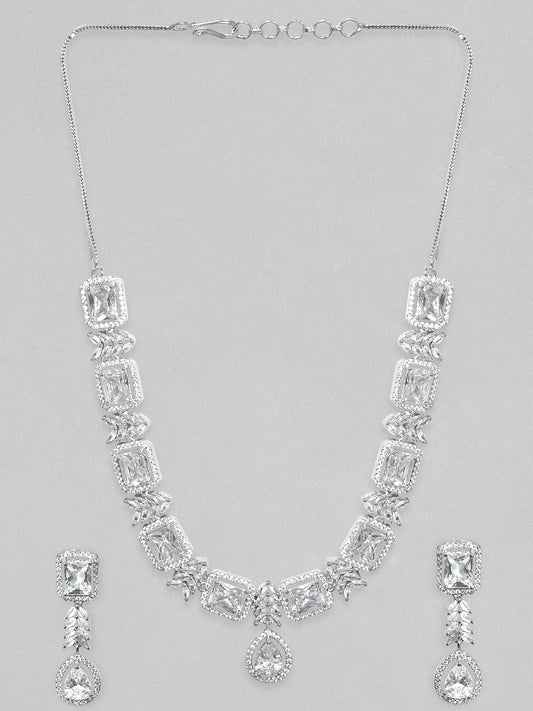 【Rubans】 Rhodium Plated Zirconia Studded Party Wear Necklace Set｜ロジウムメッキ ジルコニア パーティー ネックレスセット