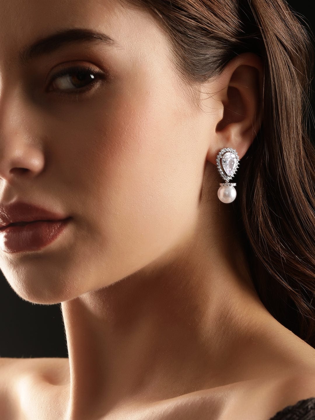 Evening Glam Crystal Pearl Drop Earrings Silver