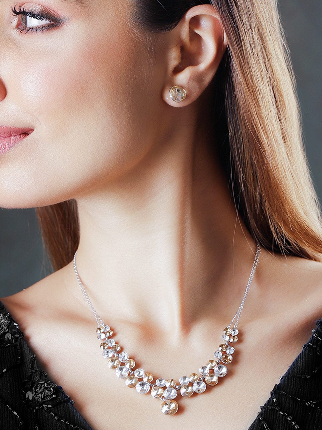 Champagne White Crystal Necklace Set Silver