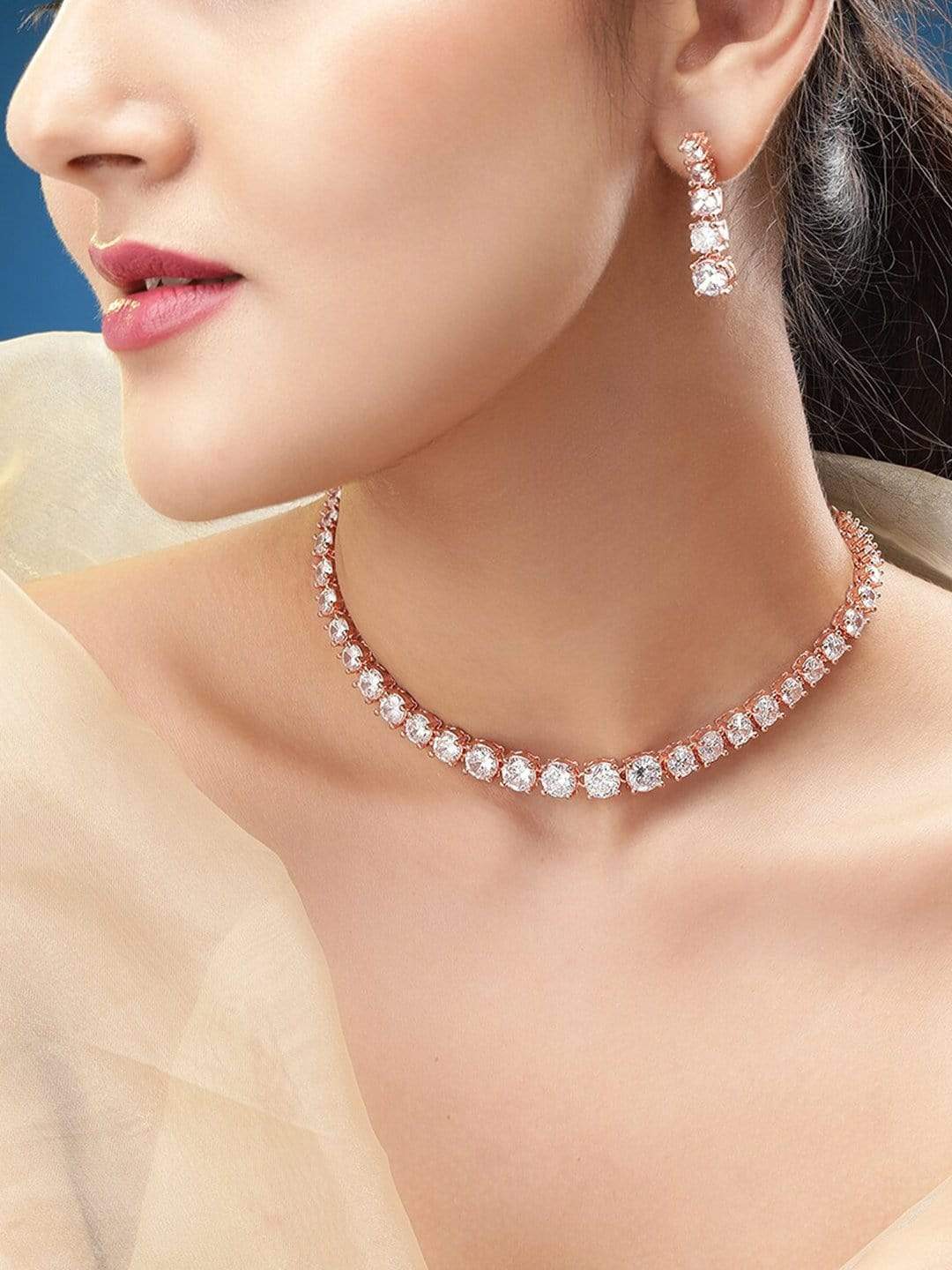Rubans Rose Gold  Plated Handcrafted Zircon Stone Necklace Set Rose gold