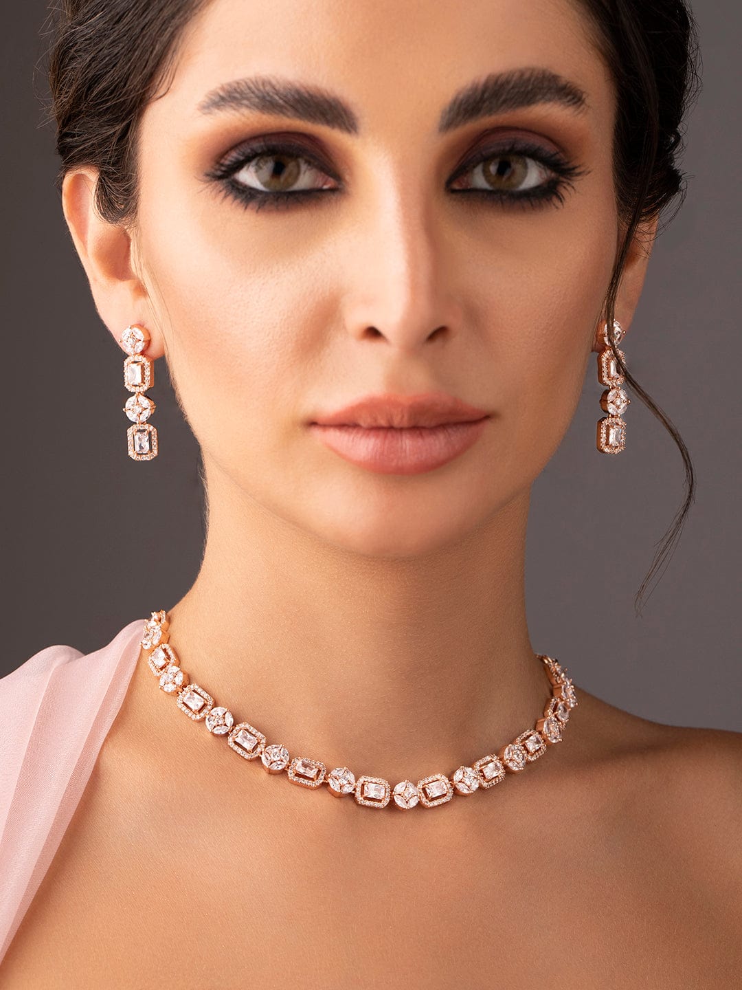 American Diamond Zirconia Rose Gold Necklace Set Rose Gold