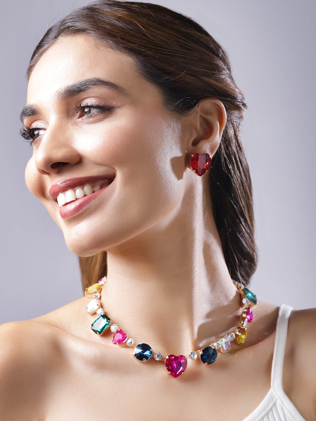 Multi Colored disco Crystal Necklace Set with heart Stud earrings Gold