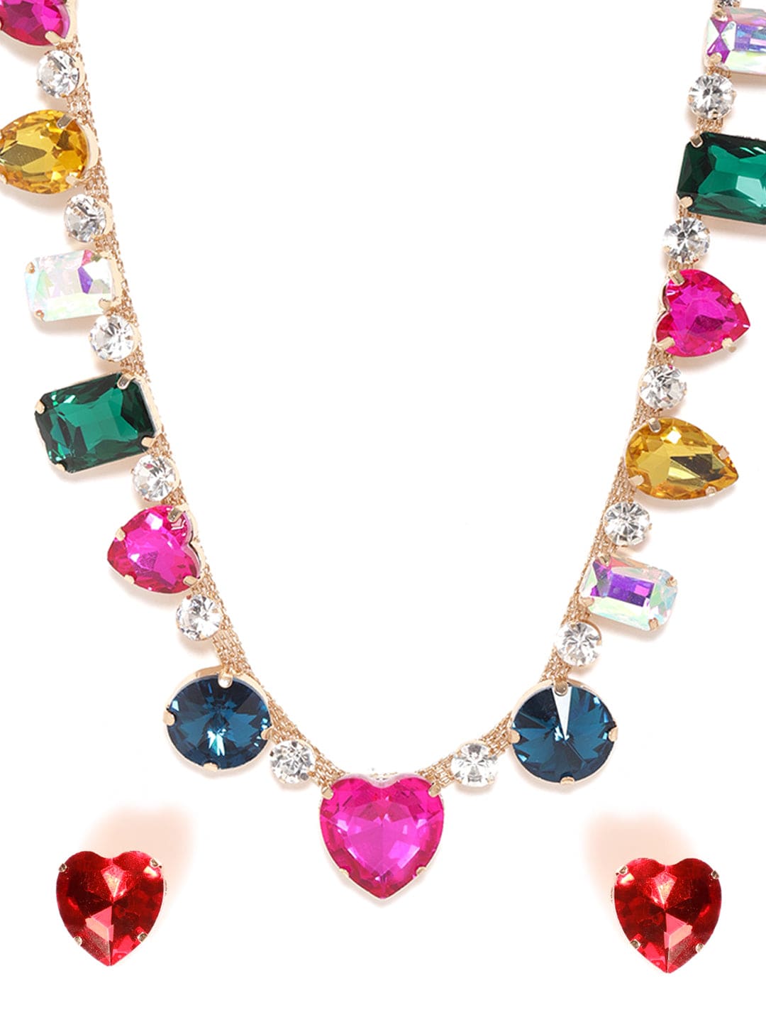 Multi Colored disco Crystal Necklace Set with heart Stud earrings Gold