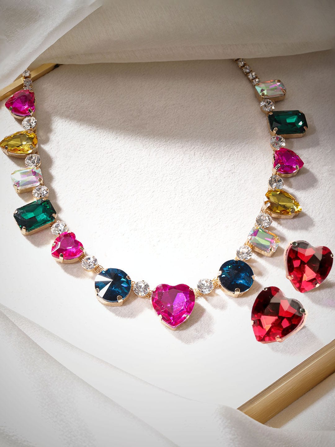 Multi Colored disco Crystal Necklace Set with heart Stud earrings Gold