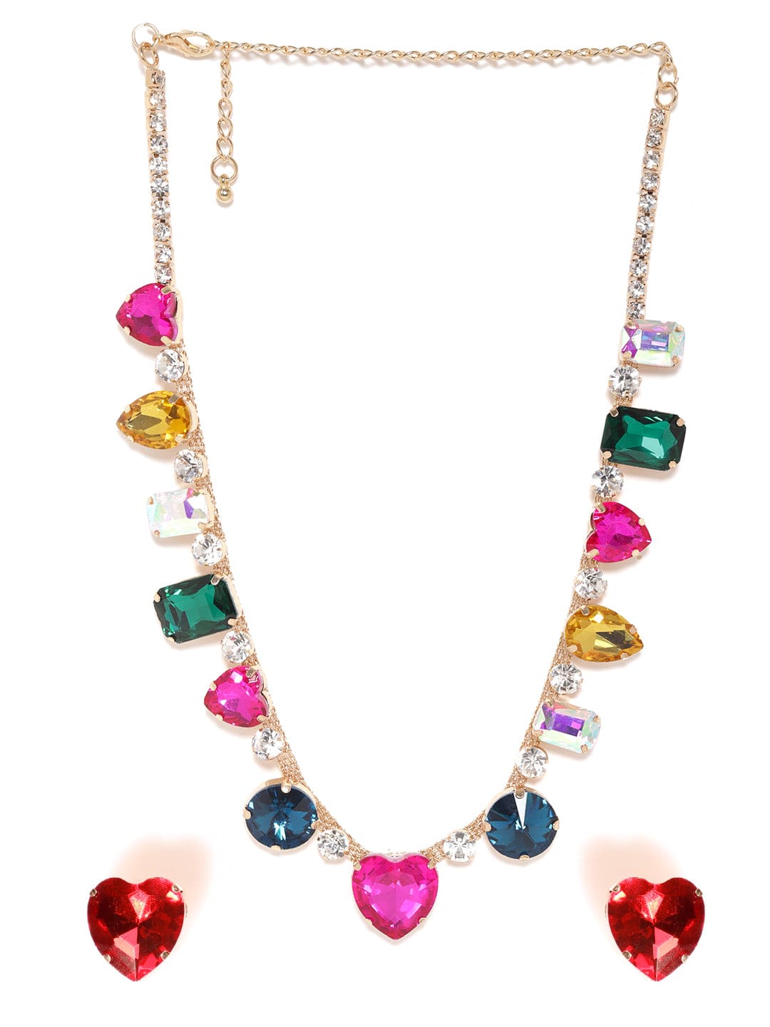 Multi Colored disco Crystal Necklace Set with heart Stud earrings Gold