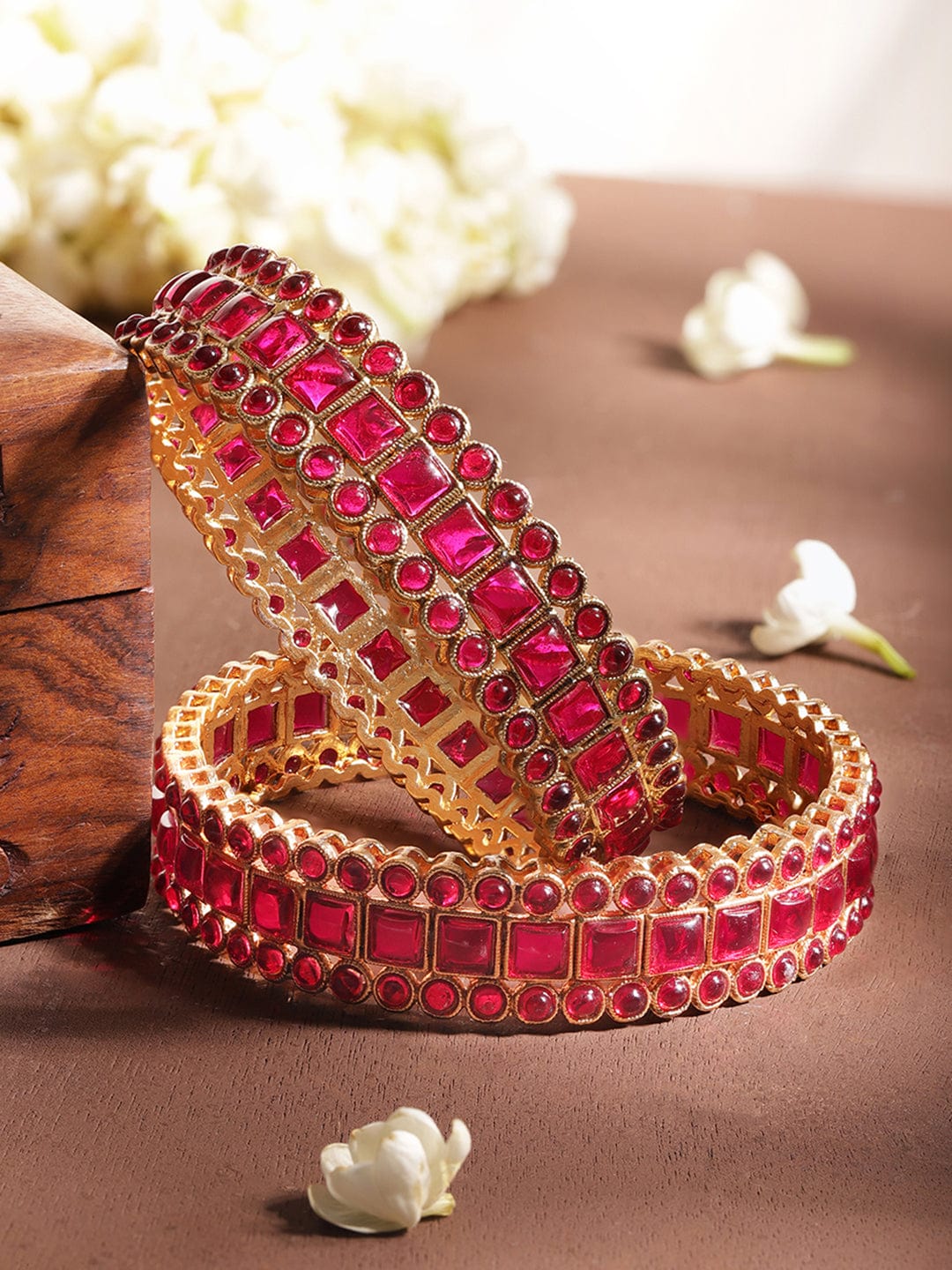 Pink Studded Gold Toned Bangles Set of 2 Red / 2.4 - Small