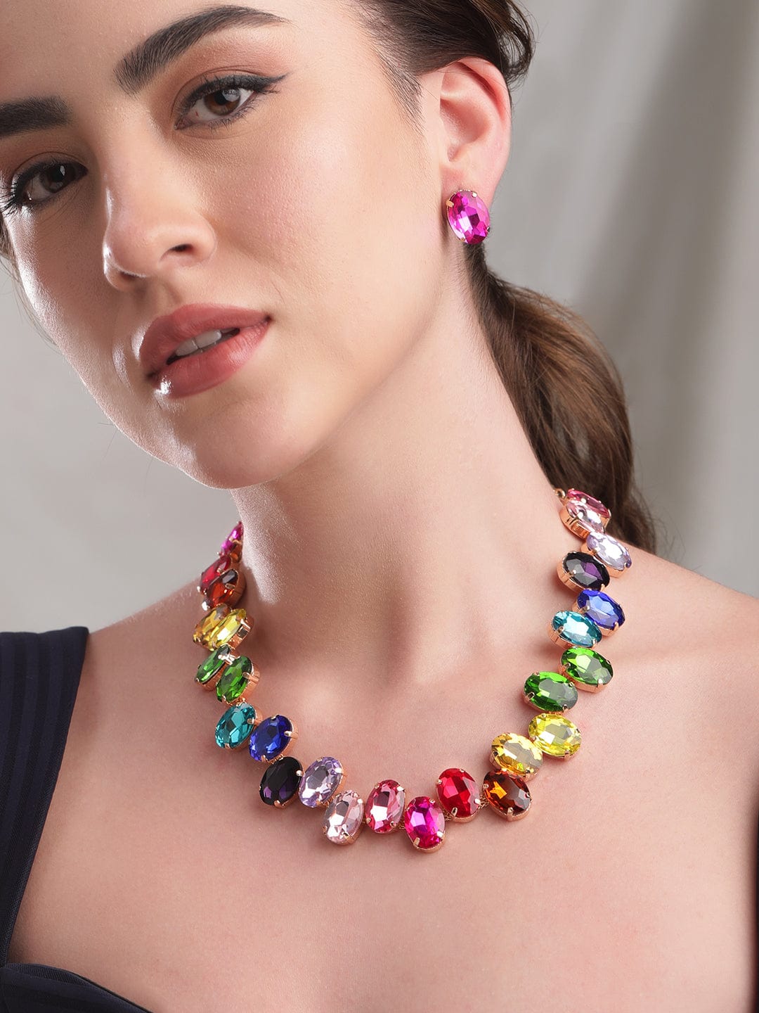 Multi Colored Crystal Necklace Set Gold